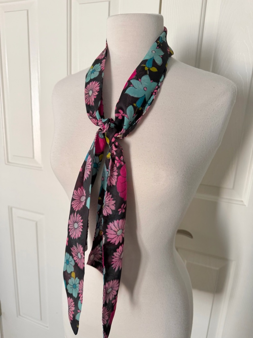 Vintage Floral Black Pink & Teal Skinny Scarf - Women Accessories